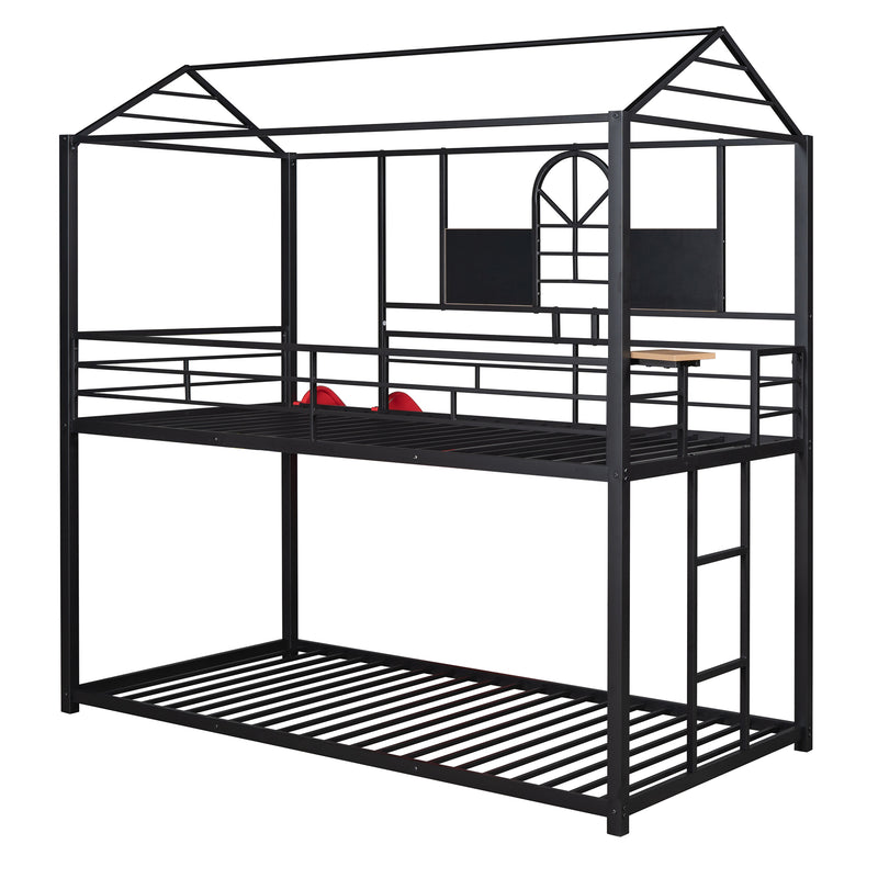 Twin Over Twin Metal Bunk Bed ,Metal Housebed With Slide,Three Colors Available.(Black with Red Slide)(OLD SKU :LP000095AAJ)