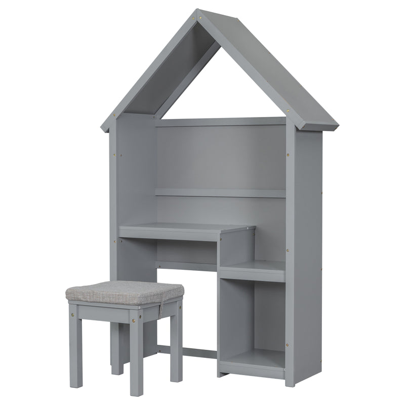 House-Shaped Kids Desk With A Cushion Stool, House-Style Desk And Stool Set