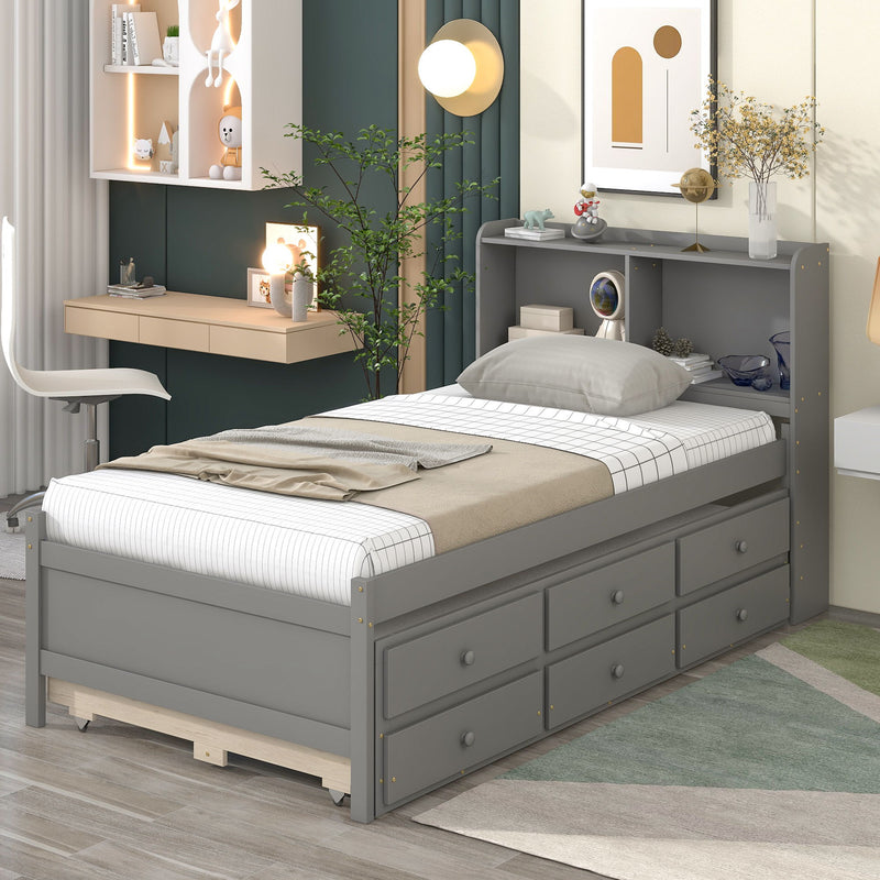 Twin Bed With Twin Trundle, Drawers - Gray