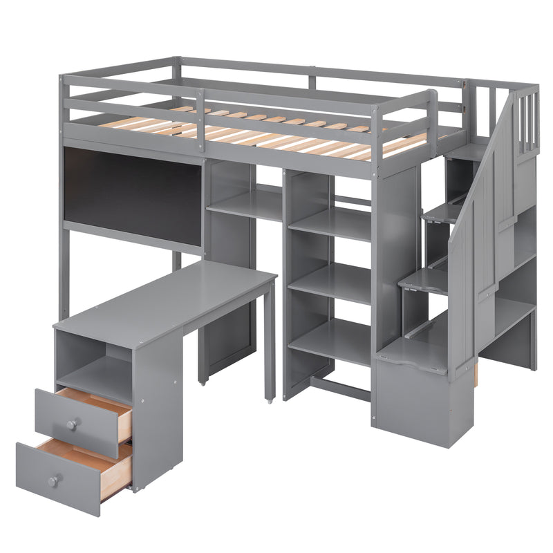 Twin Size Loft Bed with Pullable Desk and Storage Shelves,Staircase and Blackboard,Gray