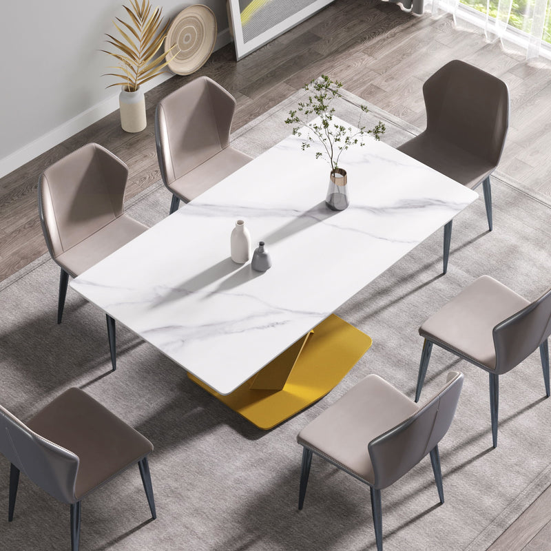 63" Modern Artificial Stone Straight Edge Golden Metal X-Leg Dining Table, 6 People