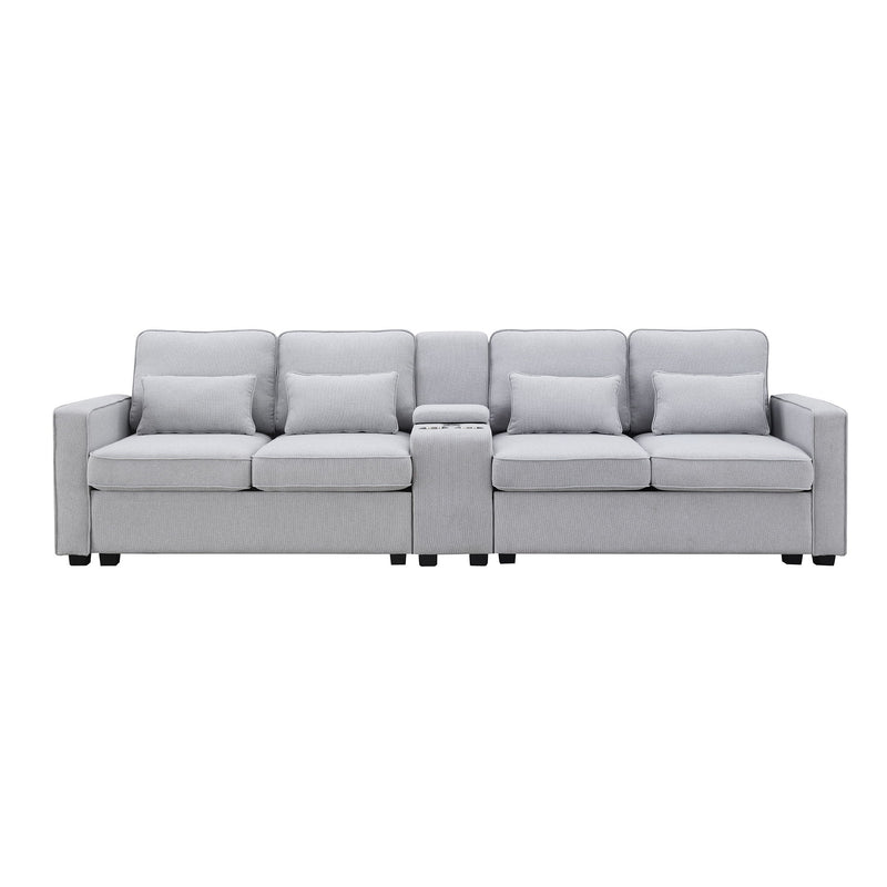 Upholstered Sofa With Console, 2 Cupholders And 2 USB Ports Wired Or Wirelessly Charged, Modern Linen Fabric Couches With 4 Pillows For Living Room, Apartment (4-Seat)