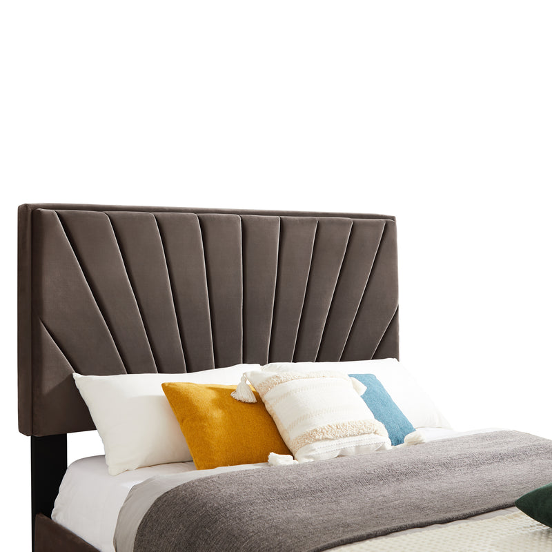 B108 Queen bed with two nightstands, Beautiful line stripe cushion headboard , strong wooden slats + metal legs with Electroplate