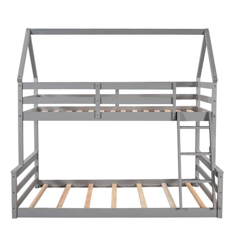 Twin over Full House Bunk Bed with Built-in Ladder,Gray