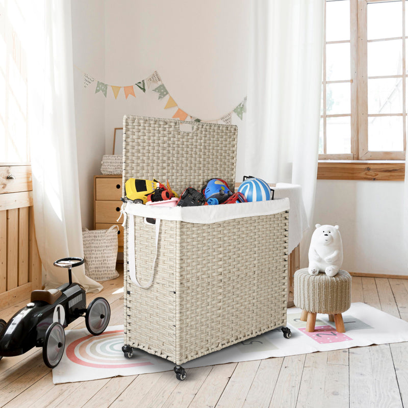 Laundry Hamper With Lid PE Rattan Powder Coating Frame Clothes Hampers With 2 Removable Bags