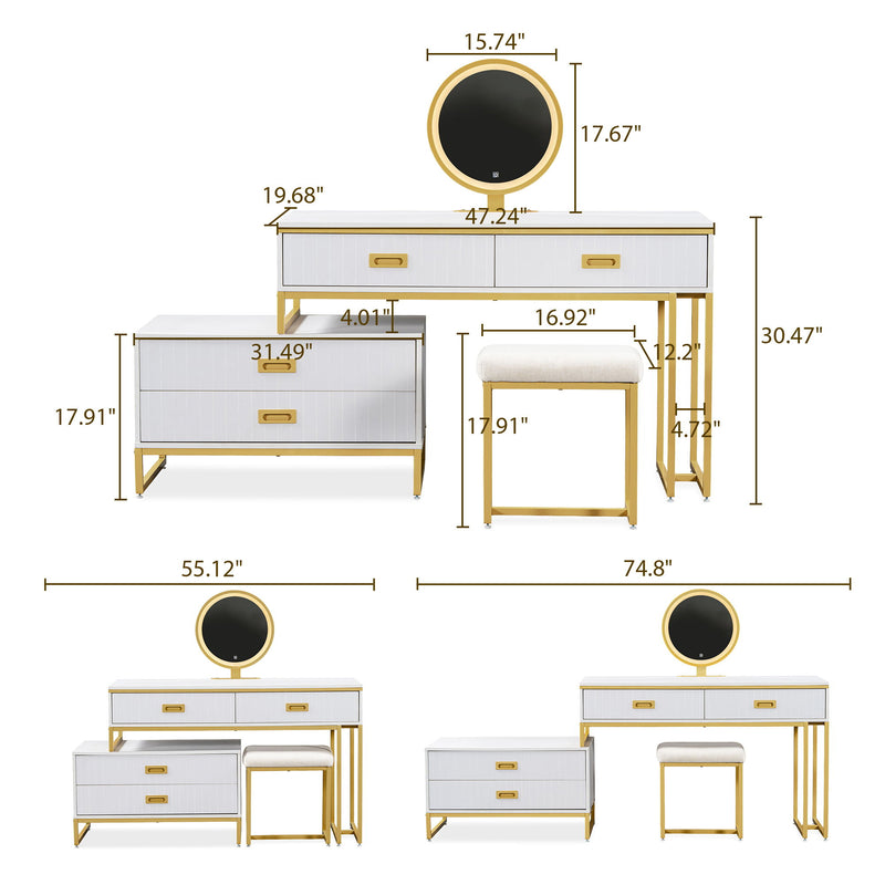 Modern Style Vanity Table With Movable Side Cabinet And 4 Drawers, Large Size Dressing Table With Mirror And 3 Colors Led Light, Makeup Table With Stool - White / Golden