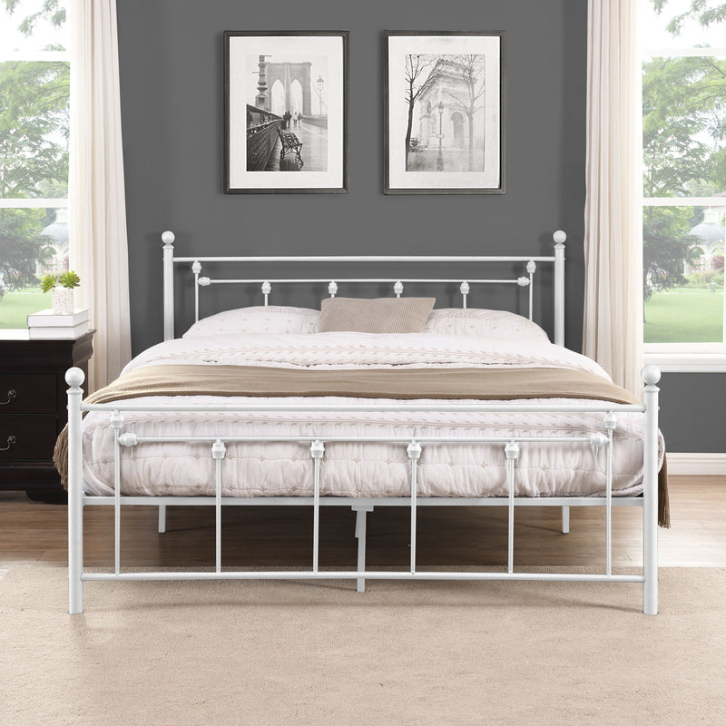 Queen Size Metal Bed, Frame With Headboard And Footboard - White