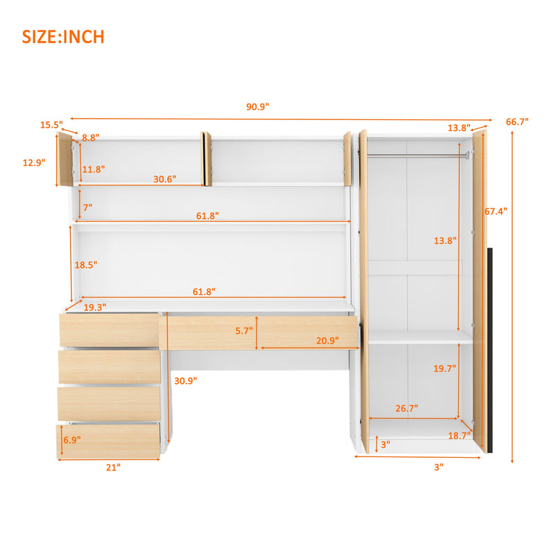 2 Door Wooden Storage Desk Wardrobe For Bedroom With Shelves And Drawers