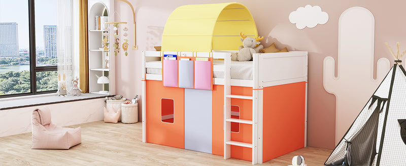 Twin Size Loft Bed with Tent and Tower  and  Three Pockets- Orange