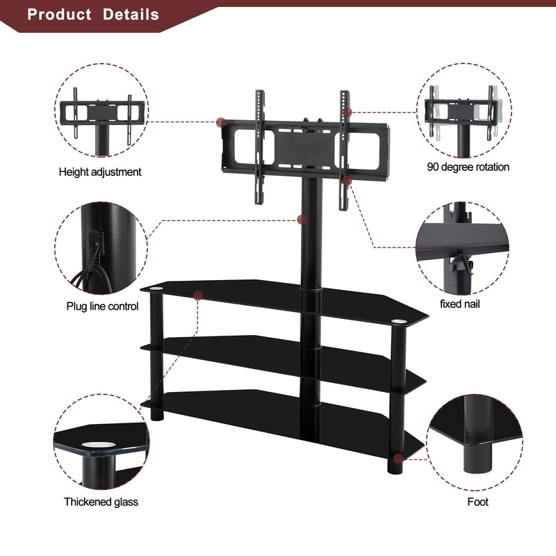 Multi-Function TV Stand Height Adjustable Bracket Swivel 3 Tier - Black