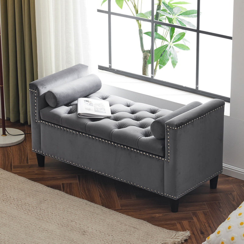 Storage Bench, 44.5" Velvet Button Bedside Bench, Entryway Living Room With Armrests, Nailhead Trim, Upholstered Bedroom Bench, Bedside Ottoman, Living Room, Entryway