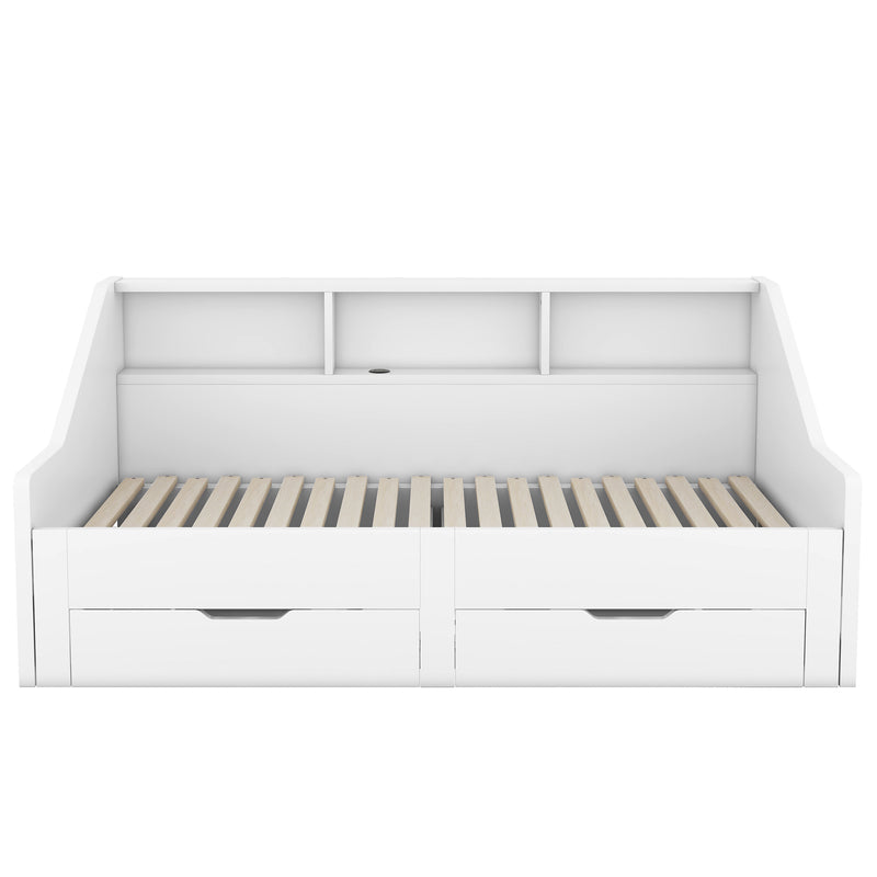 Twin to King Size Daybed Frame with Storage Bookcases and Two Drawers,Charging Design,White