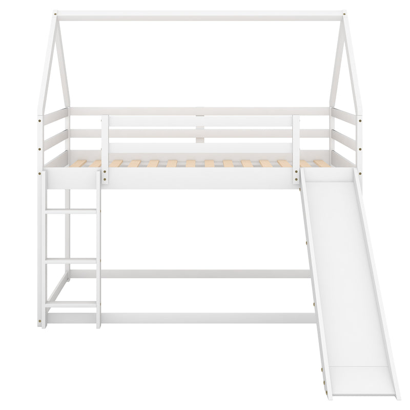 Twin Size Bunk House Bed with Slide and Ladder,White