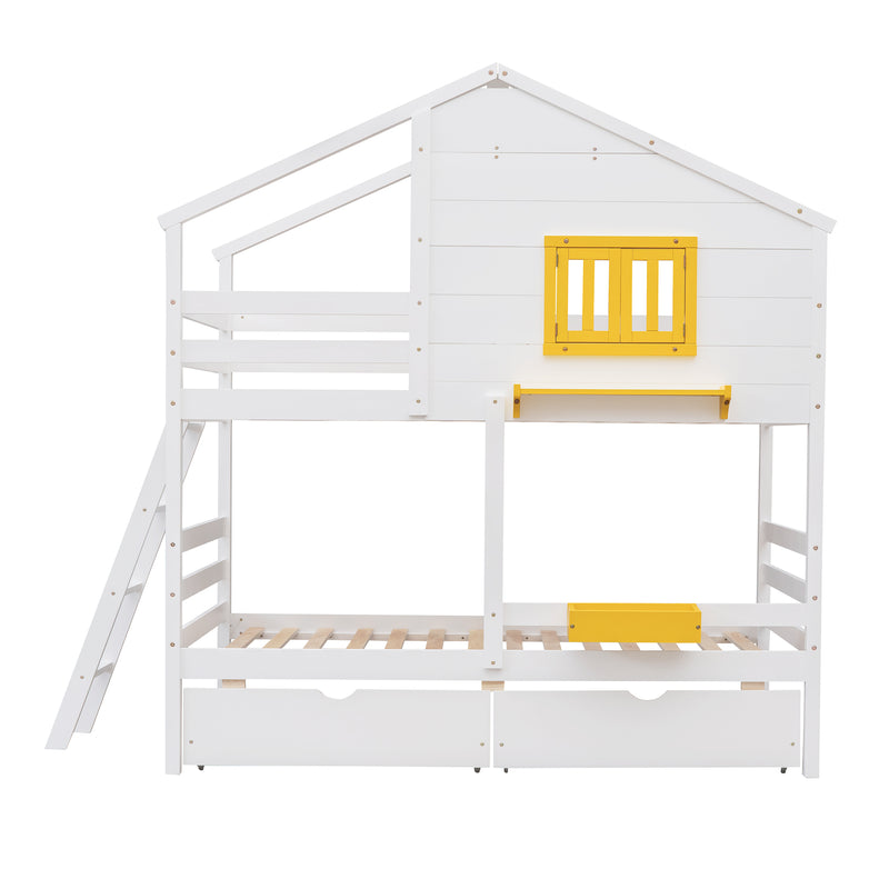 Twin over Twin Bunk Bed with 2 Drawers, 1 Storage Box, 1 Shelf, Window and Roof-White(OLD SKU:LT000608AAK)