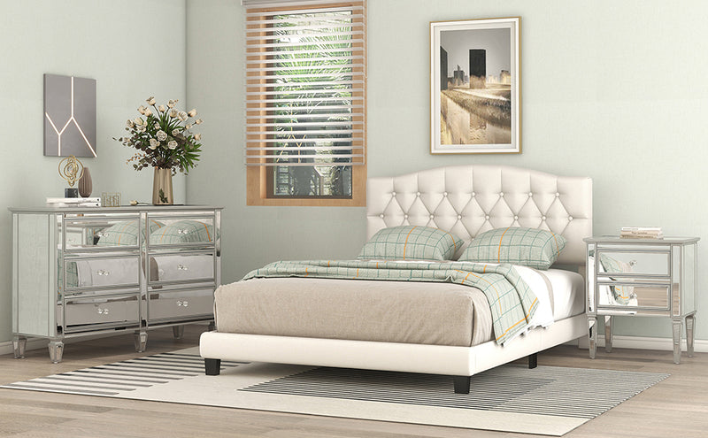 Upholstered Platform Bed with Saddle Curved Headboard and Diamond Tufted Details, Queen, Beige