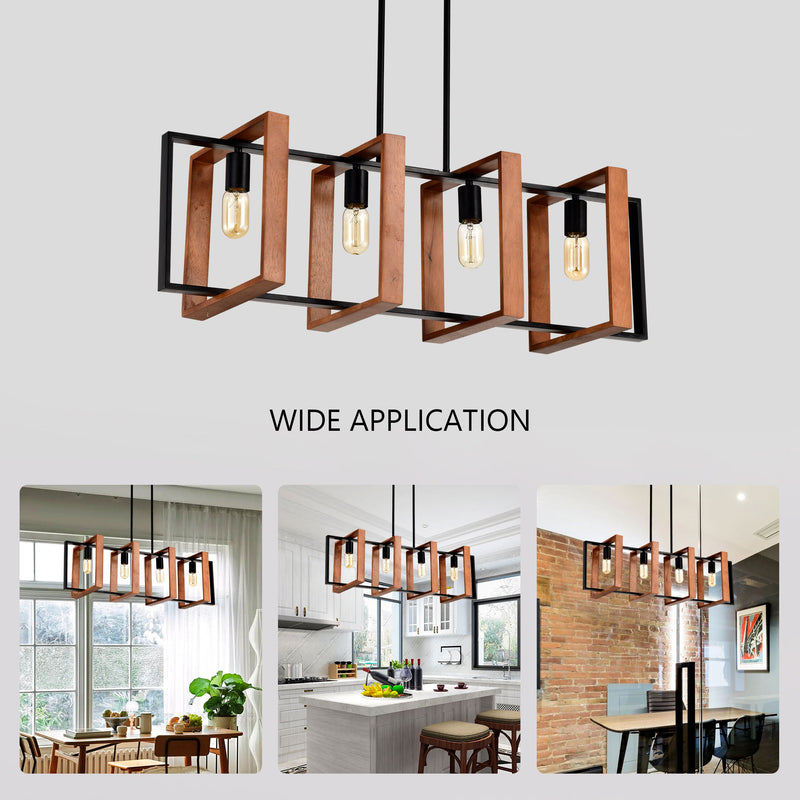 4 Light Kitchen Island Lights Pendant Light Farmhouse Dining Room Light Fixture, Rectangular Chandelier, 36" Hanging Lighting For Living Room, Conference Room, Home Office - Matte Black