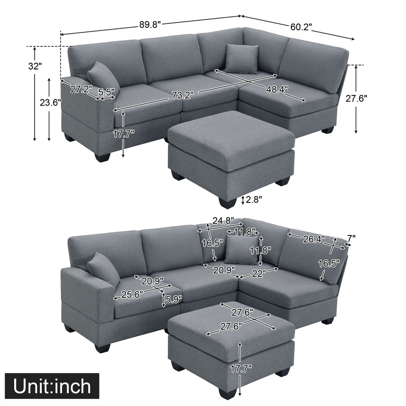 Modern Sectional Sofa, 5-Seat Modular Couch Set With Convertible Ottoman, L-Shape Linen Fabric Corner Couch Set With 2 Pillows For Living Room, Apartment, Office