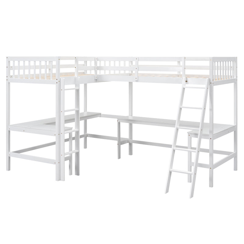 Wood Twin Size L-Shaped Loft Bed with Ladder and 2 Built-in L-Shaped Desks, White