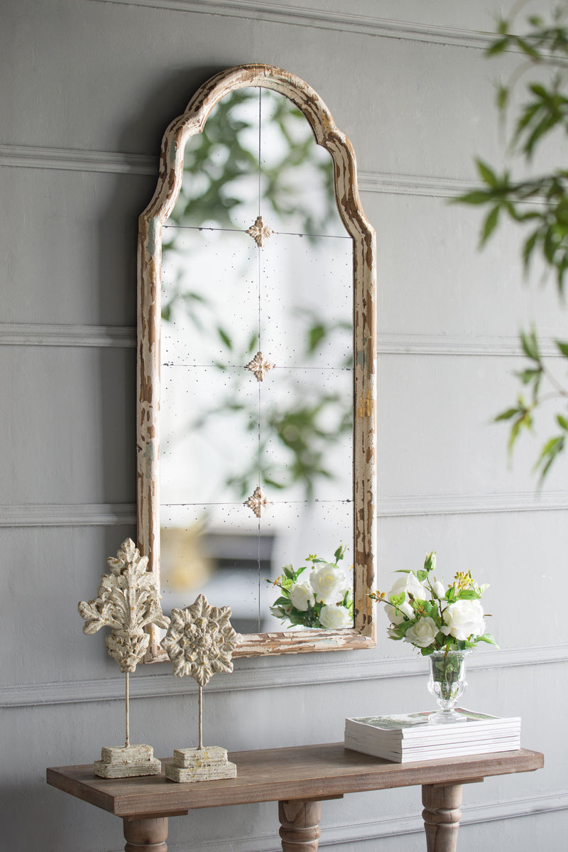 Large Framed Wall Mirror, Wood Arched Mirror With Decorative Window Look For Living Room, Bathroom, Entryway - Cream / Gold