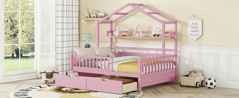 Wooden Full Size House Bed with 2 Drawers,Kids Bed with Storage Shelf, Pink