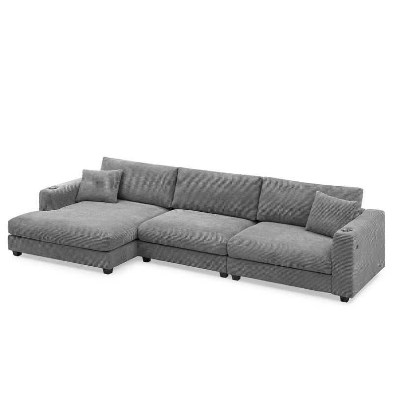 Oversized Corduroy Sectional Sofa, L Shaped Cloud Couch With USB Charging Port, Cup Holder, Deep Seat Sofa Bed With 50" Chaise, Comfy Indoor Furniture For Living Room