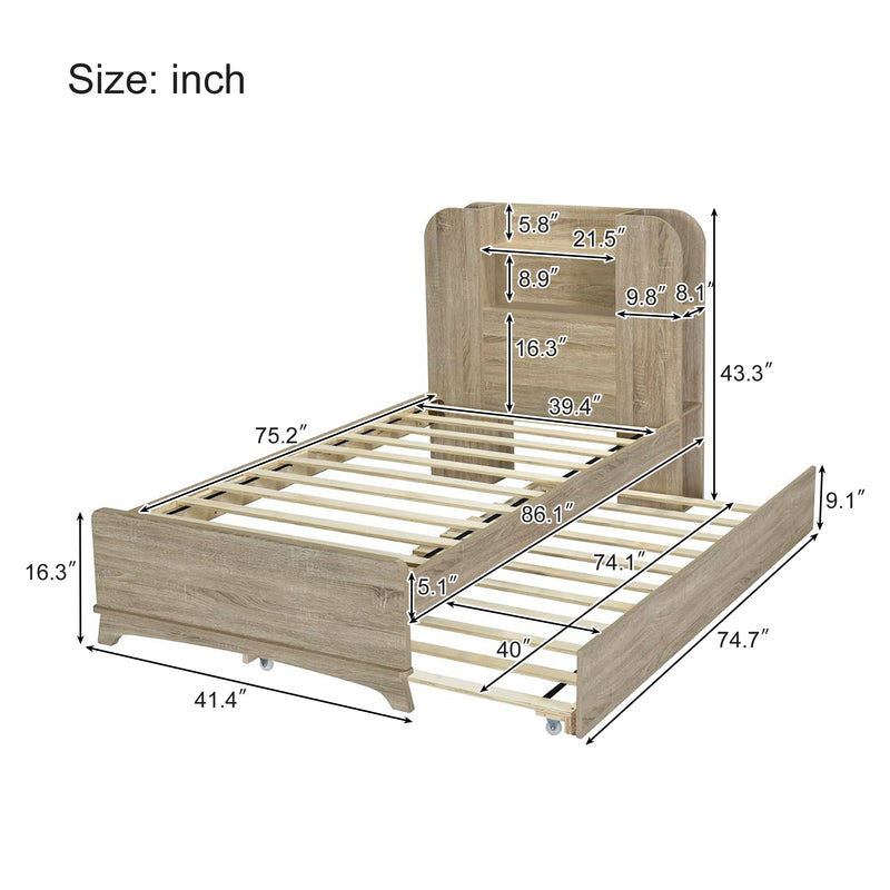 Twin Size Storage Platform Bed Frame with with Trundle and Light Strip Design in Headboard,Natural