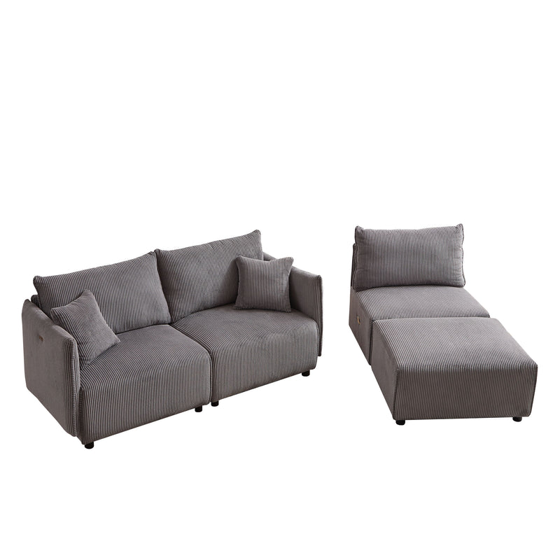 Multi-Module Combination Style Sofa For Living Room, Bedroom And Other Lounge Spaces, Modern Minimalist Corduroy Combination Sofa With 2 Comfort Cushions With USB & C Charging Ports, Two Sets - Gray