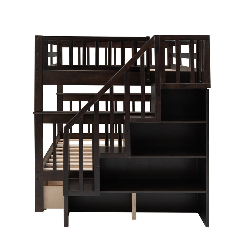 Stairway Full-Over-Full Bunk Bed with Drawer, Storage and Guard Rail for Bedroom, Espresso color( old sku: LP000310AAP )