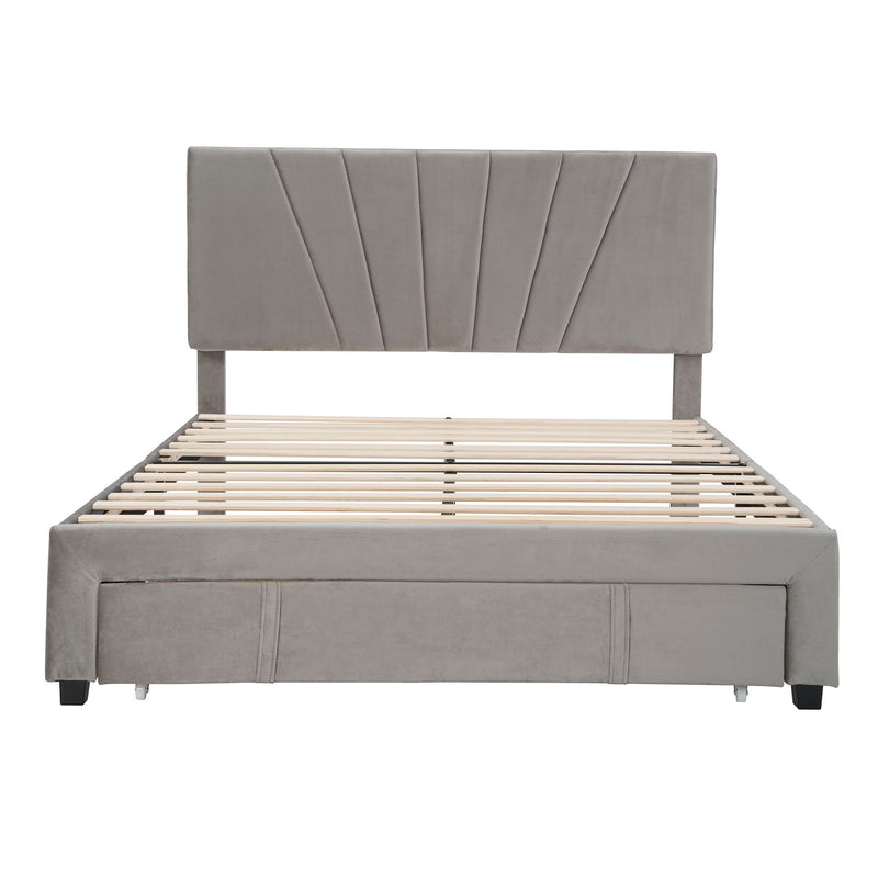 Queen Size Storage Bed Velvet Upholstered Platform Bed With A Big Drawer - Gray