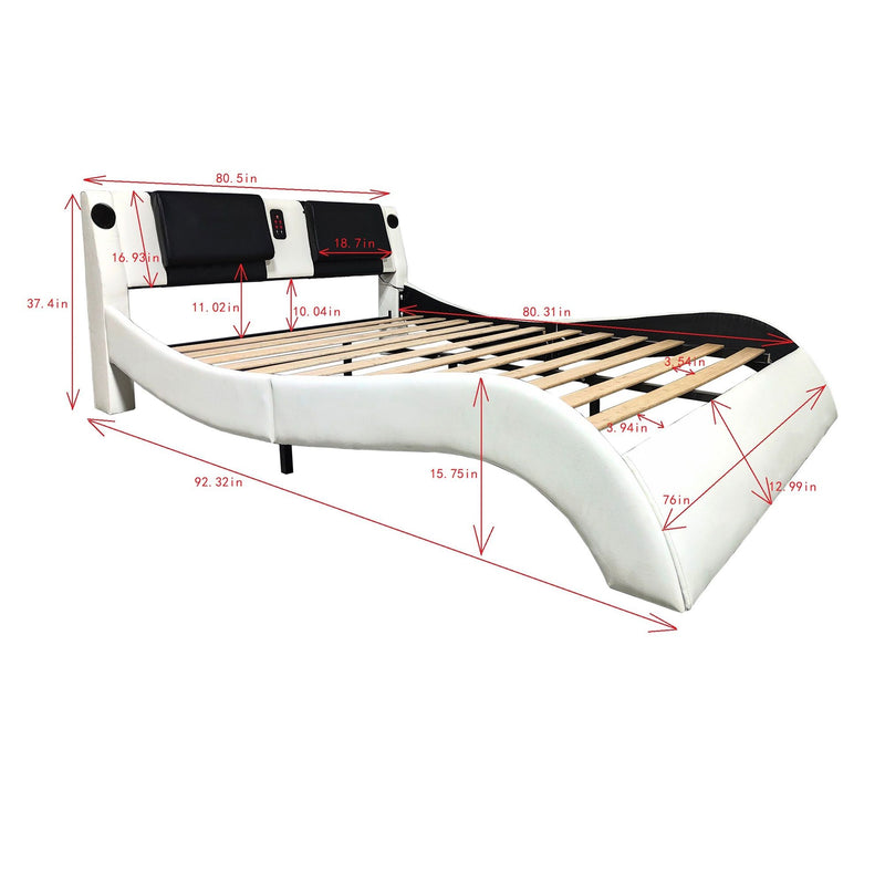 Upholstered Platform Bed Frame With LED Lighting, Bluetooth Connection To Play Music Control, Backrest Vibration Massage, Curve Design, Wood Slat Support, Exhibited Speakers