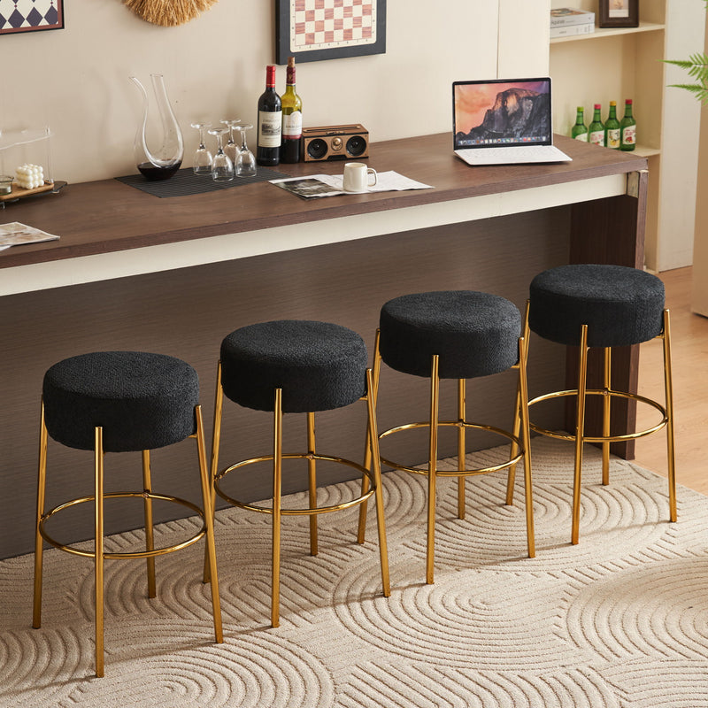 Round High Bar Stools (Set of 2), Contemporary Upholstered Dining Stools For Kitchens, Coffee Shops And Bar Stores - Gold Legs