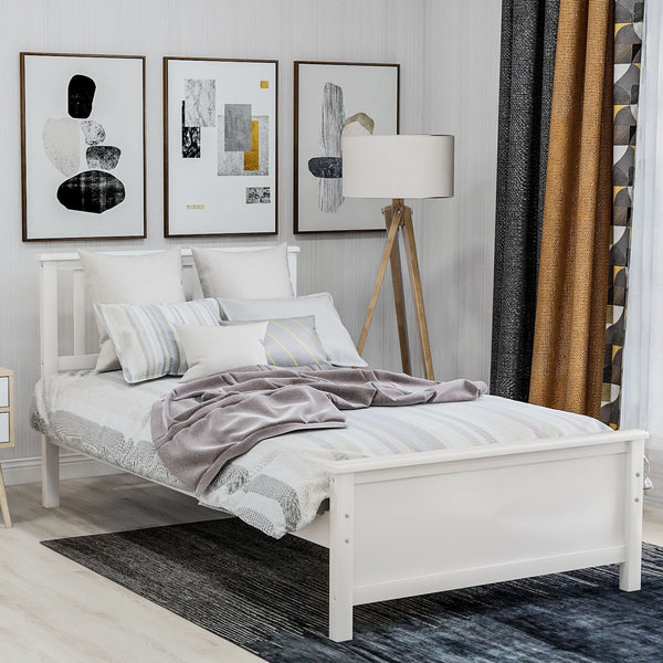 Twin Size Platform Bed With Headboard, Footboard And Wood Slat Support - White