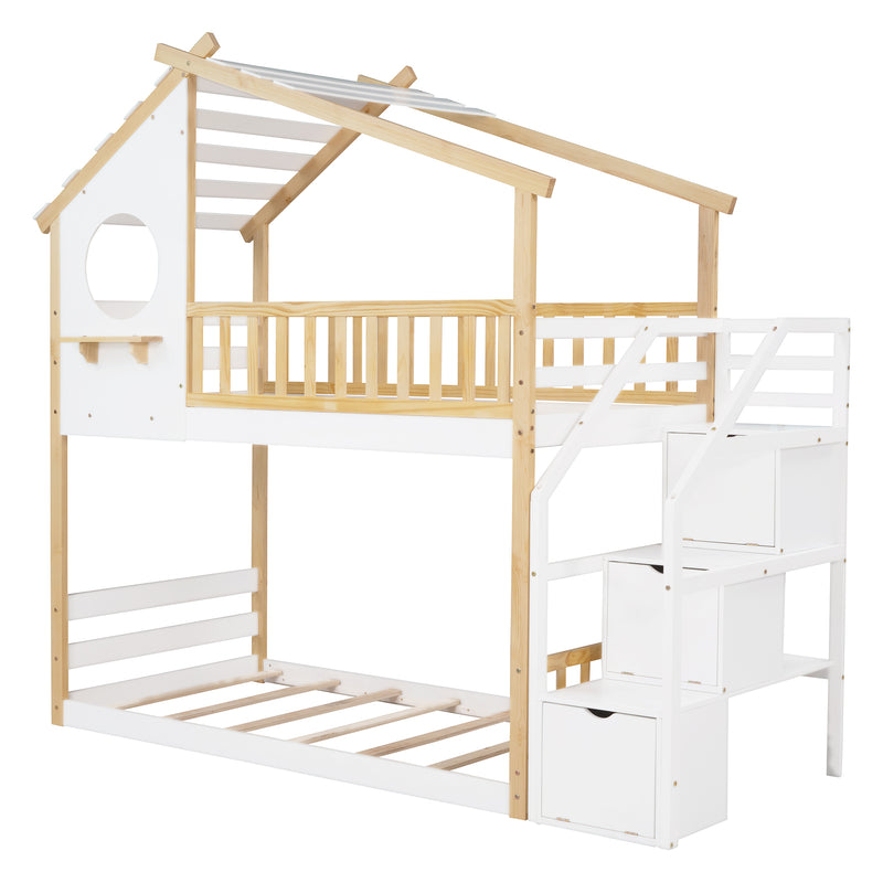 Stairway Twin-Over-Twin Bunk Bed,House Bed,Storage and Guard Rail,Natural Bed +White Stair(OLD SKU :LT000308AAK)