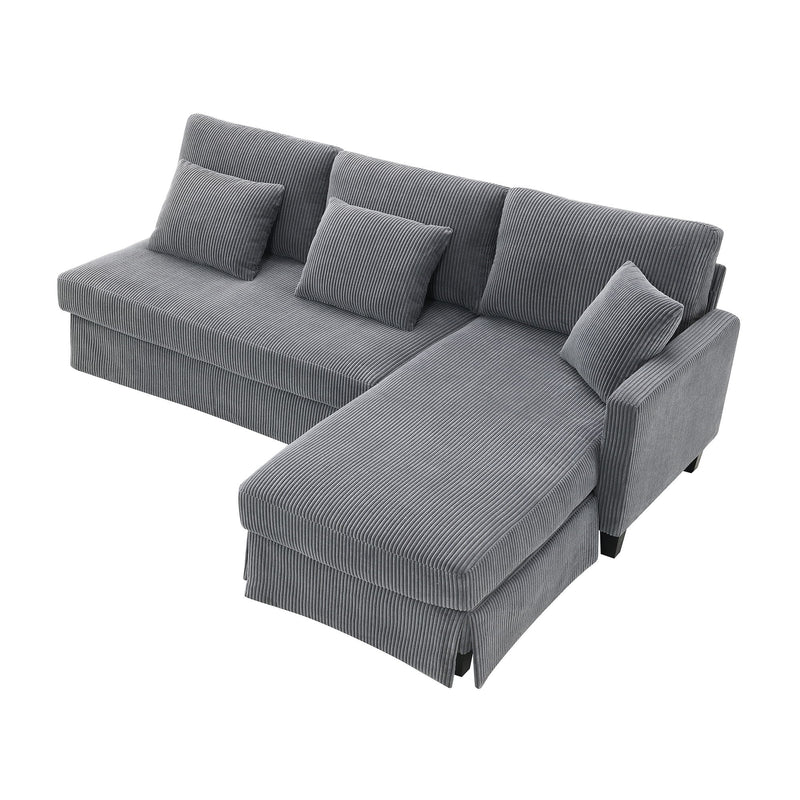 Modern L-Shaped Corduroy Sofa With Reversible Chaise, 4-Seat Upholstered Sectional Indoor Furniture, Convertible Sleeper Couch With Pillows For Living Room, Apartment