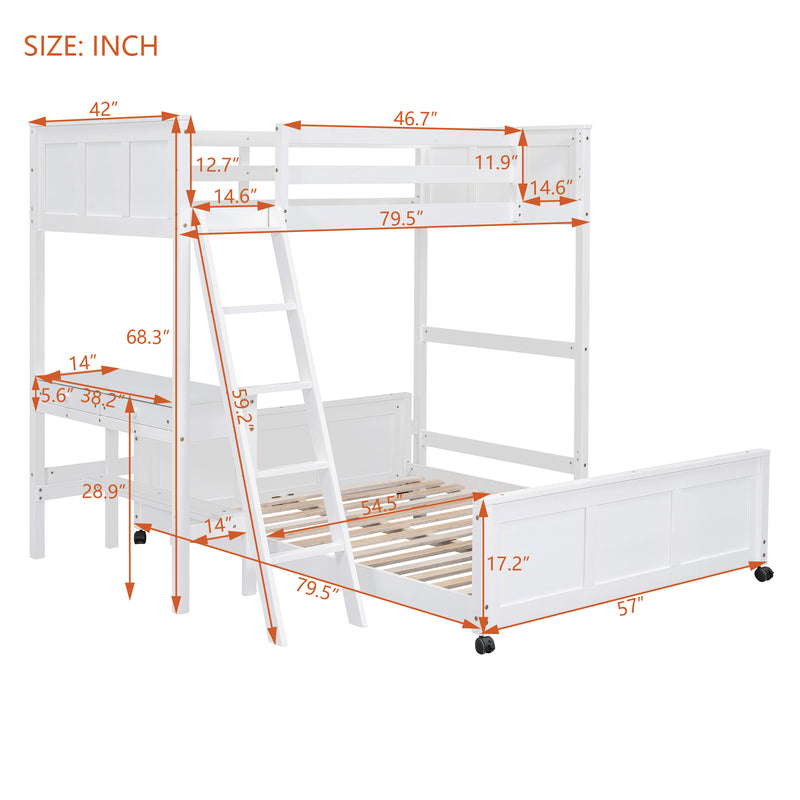 Twin Over Full Bunk Bed with Desk, White