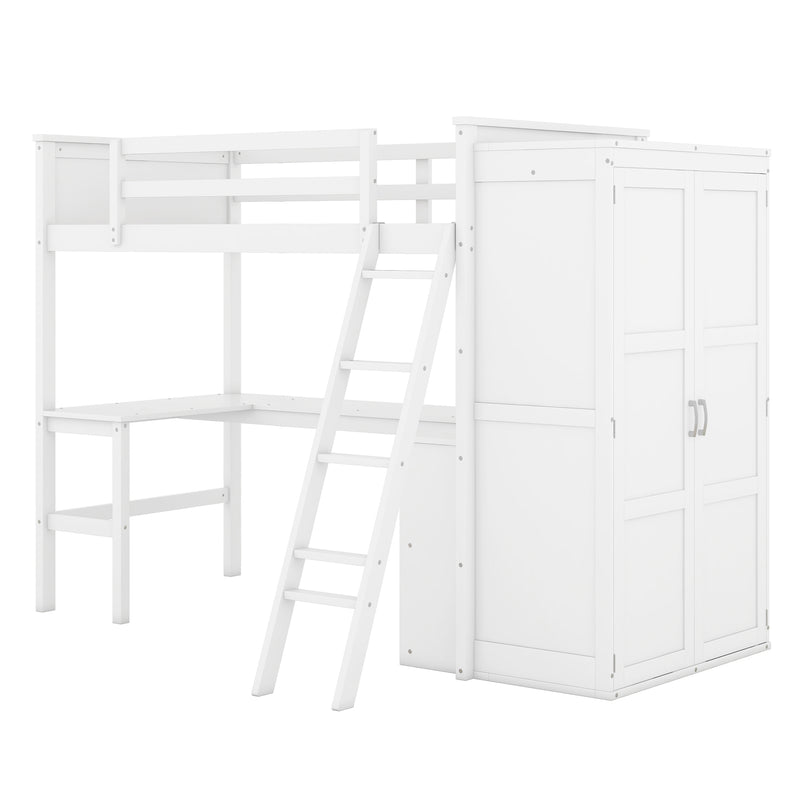 Twin size Loft Bed with Desk, Shelves and Wardrobe-White