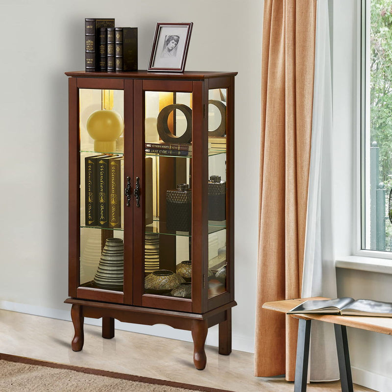 Curio Cabinet Lighted Curio Diapaly Cabinet With Adjustable Shelves And Mirrored Back Panel, Tempered Glass Doors (3 Tier), (E26 Light Bulb Not Included)