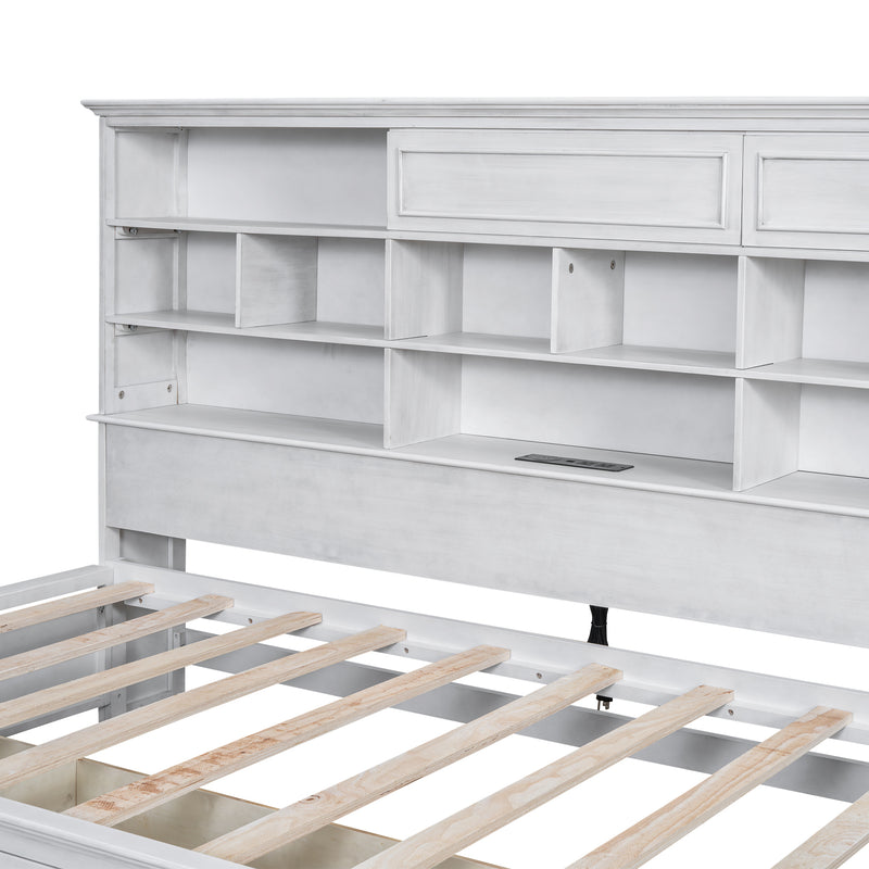 Twin Size Wood Daybed with Multi-Storage Shelves, Charging Station and 3 Drawers, Antique White