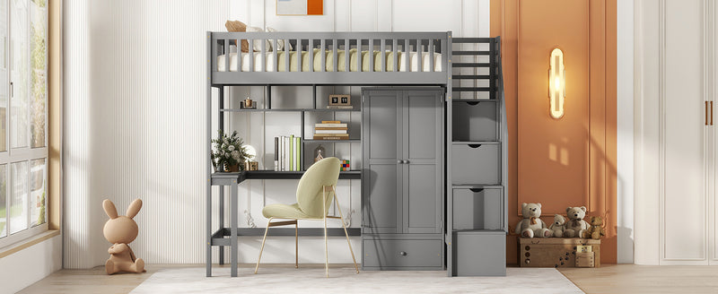 Twin size Loft Bed with Bookshelf,Drawers,Desk,and Wardrobe-Gray