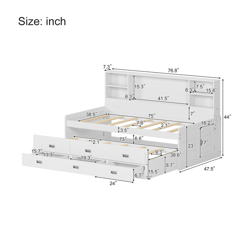 Twin Size Captain Daybed With Storage Bookcase Headboard, Captain Bed With Trundle And Three Storage Drawers For Kids Teens Dorm Bedroom Multipurpose Guest Room Or Home - White