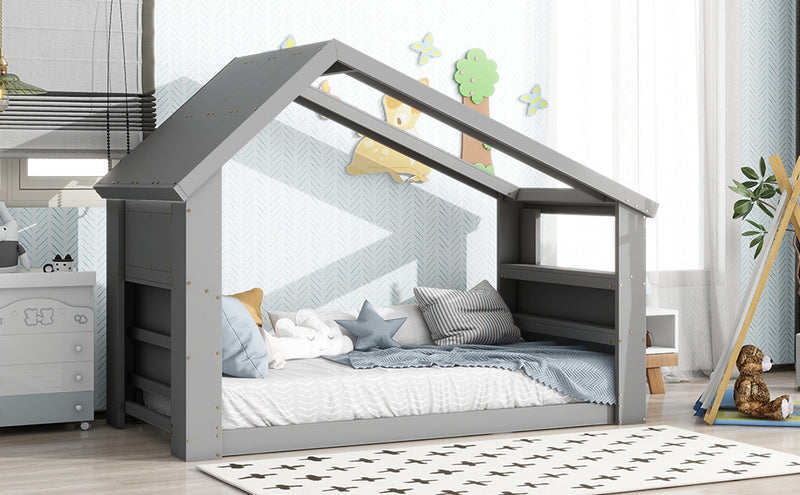 Twin House Floor Bed with Roof Window, LED Light,Grey