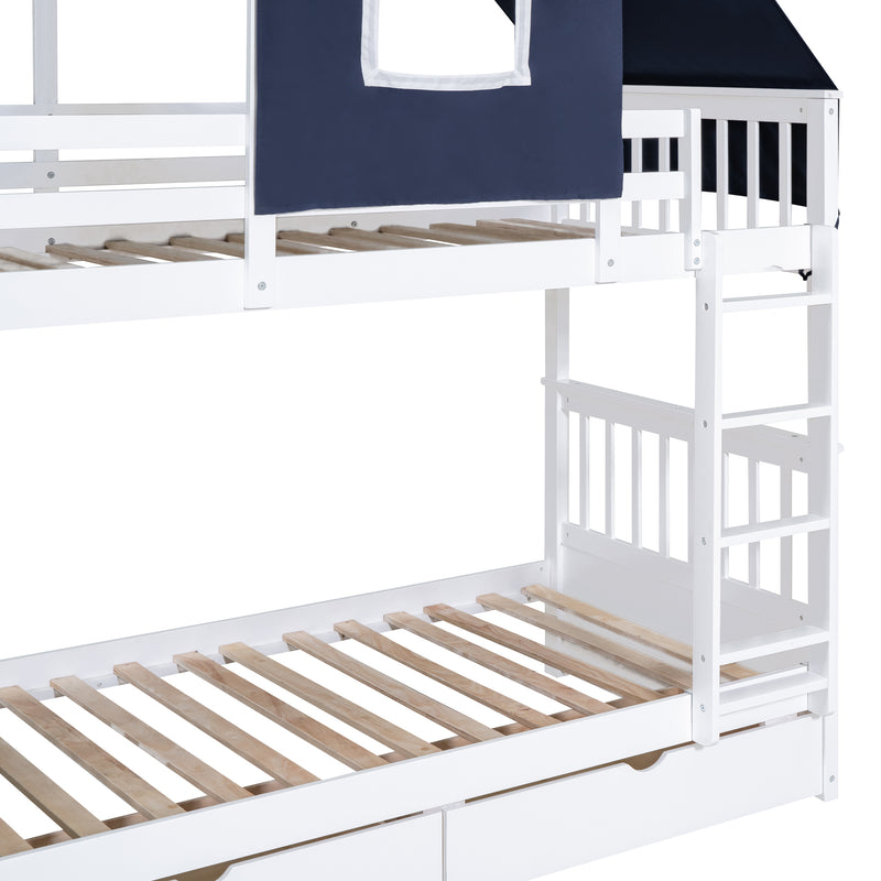 Twin Over Twin Bunk Bed Wood Bed with Tent and Drawers, White+Blue Tent