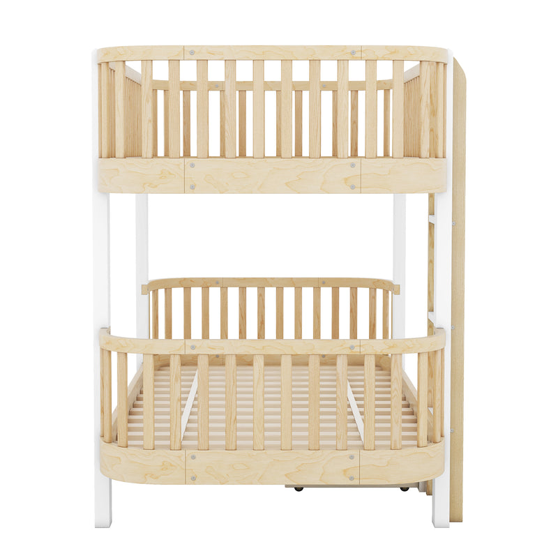 Wood Twin over Twin Bunk Bed with Fence Guardrail and a Big Drawer, Natural White