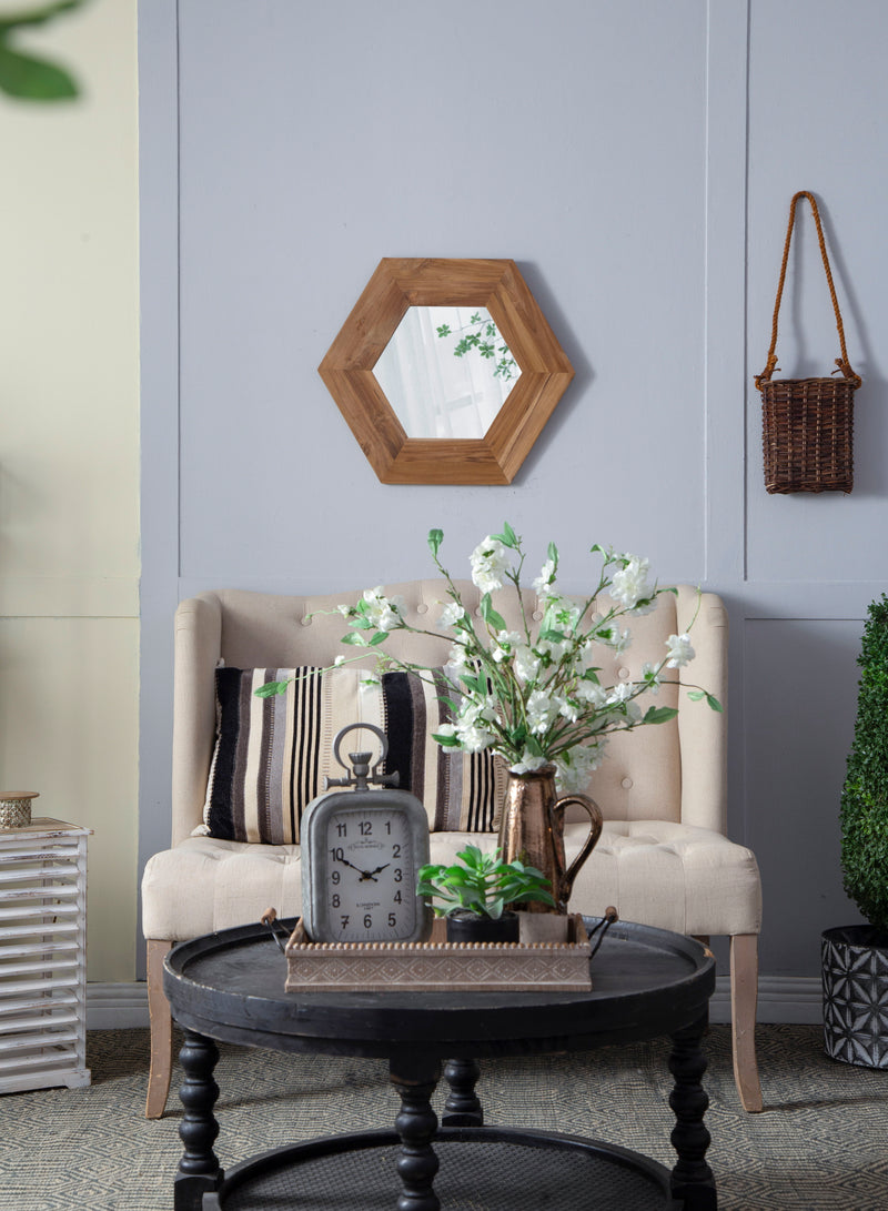 Hexagon Mirror With Natural Wood Frame, Wall Decor For Living Room Bathroom Hallway