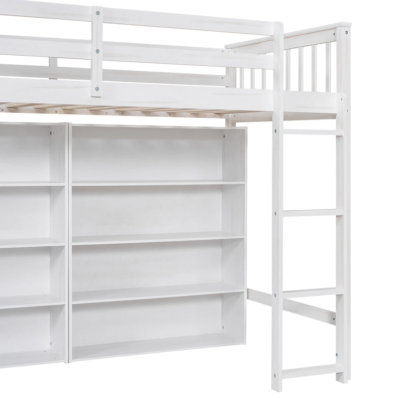 Twin Size Loft Bed with 8 Open Storage Shelves and Built-in Ladder, White