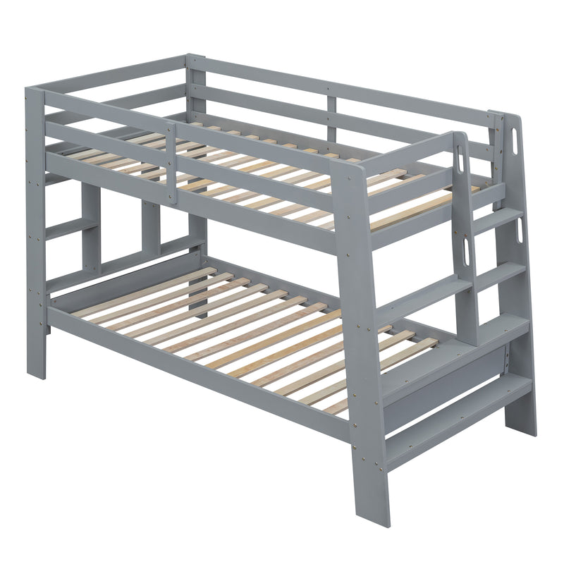 Twin over Twin Bunk Bed with Shelves and Built-in Ladder, Gray