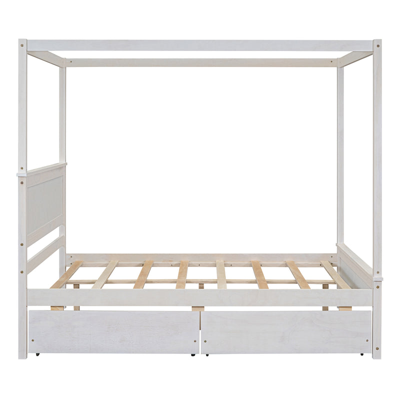 Wood Canopy Bed with two Drawers, Full Size Canopy Platform bed With Support Slats .No Box Spring Needed, Brushed White