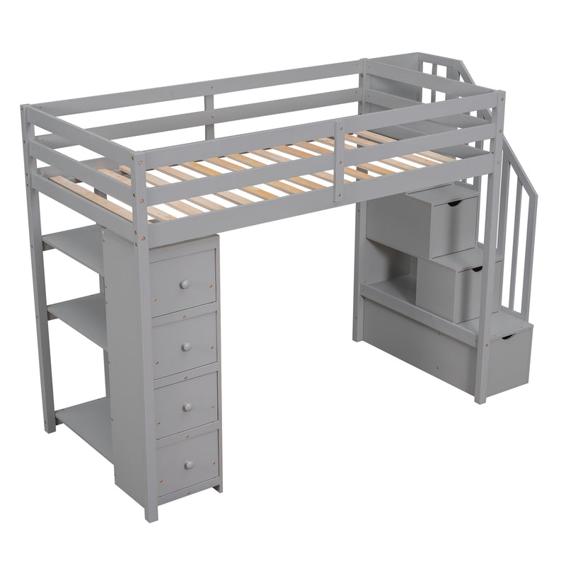 Twin size Loft Bed with Storage Drawers and Stairs, Wooden Loft Bed with Shelves - Gray