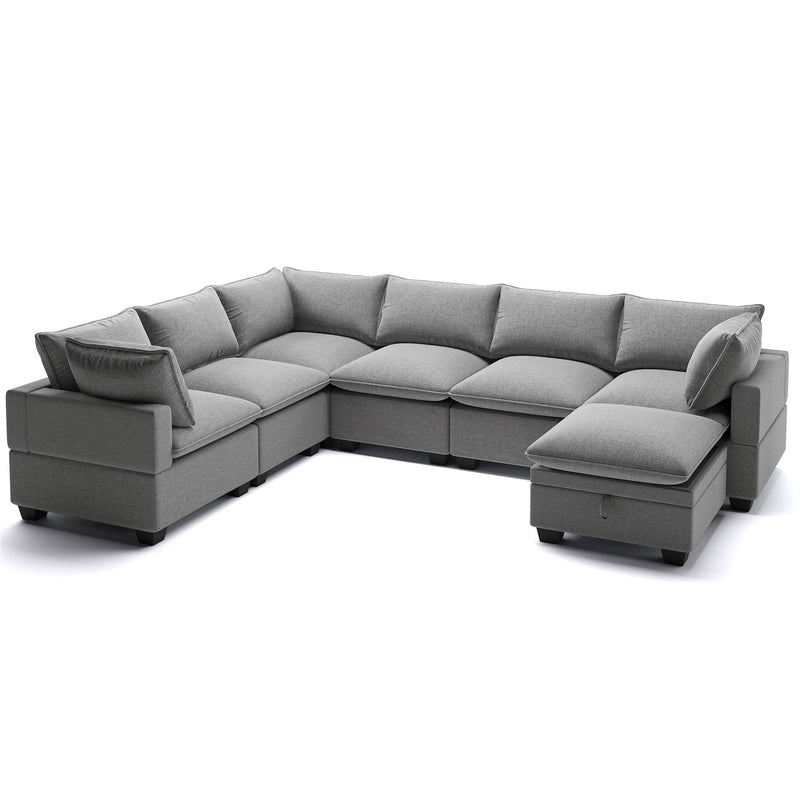 Modern U Shape Modular Sofa With Storage Ottoman, Luxury 7 Seat Sectional Couch Set With 2 Pillows Included, Freely Combinable Indoor Funiture For Living Room, Apartment - Gray