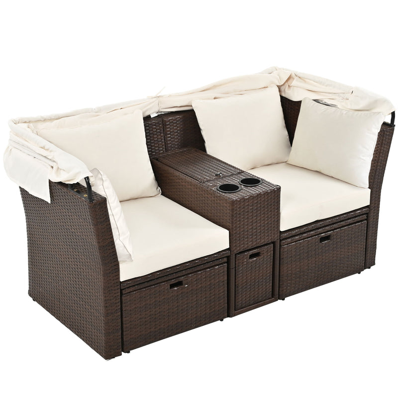 2 Seater Outdoor Patio Daybed Outdoor Double Daybed Outdoor Loveseat Sofa Set With Foldable Awning And Cushions For Garden, Balcony, Poolside